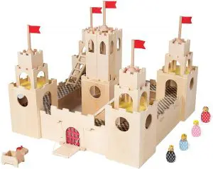 MiO Wooden Castle + Horse + 4 Bean Bag People Peg Dolls Imaginative Montessori Style STEM Learning Modular Wooden Building Playset for Boys and Girls 4 year old