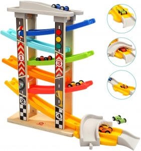 TOP BRIGHT Toddler Toys Race Track for 1 2 Year Old Boy Gifts Wooden Car Ramp Racer with 6 Mini Cars