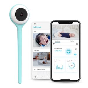 Lollipop Baby Monitor (Turquoise) - with Contactless Breathing Monitoring (No Extra Sensor Required, Subscription Service), Sleep Tracking and True Crying