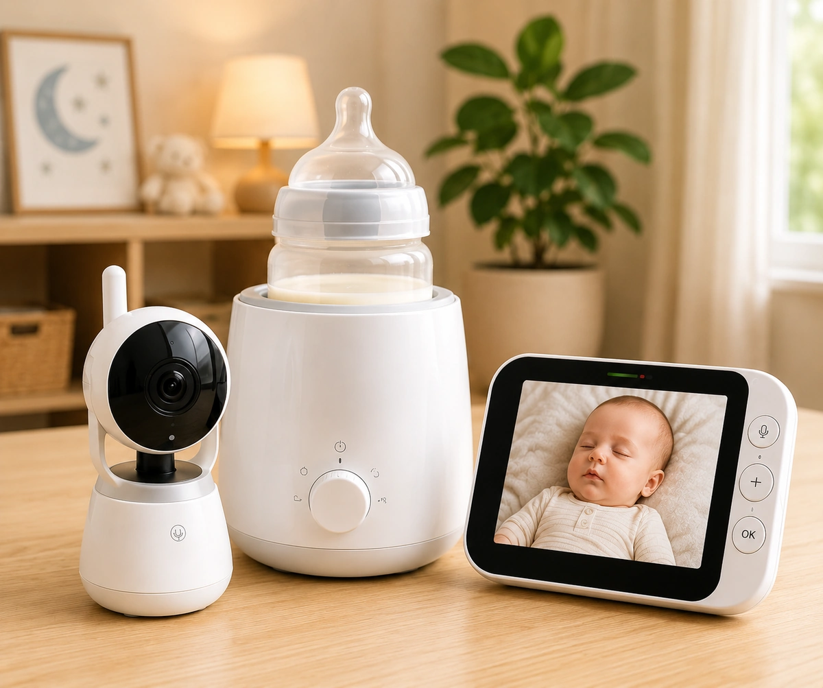 Baby bottle warmer and smart baby monitor on nursery table