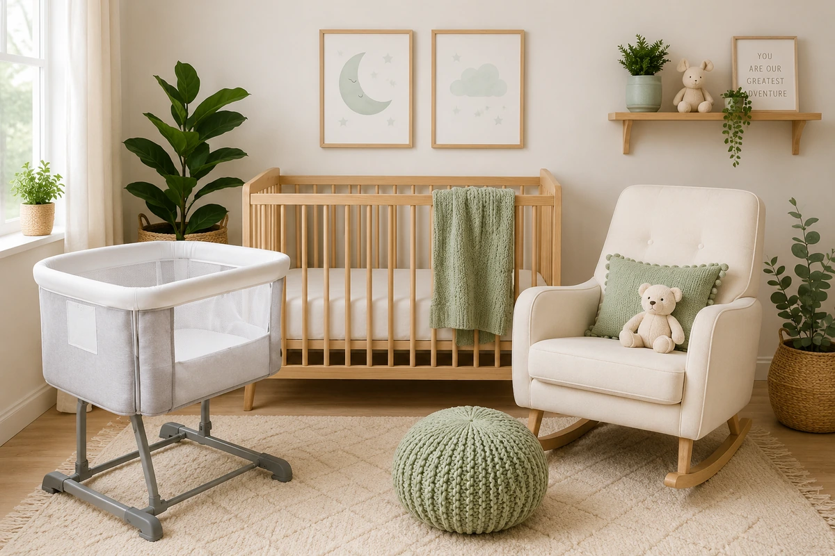 Modern nursery with crib, bassinet, and baby sleep essentials