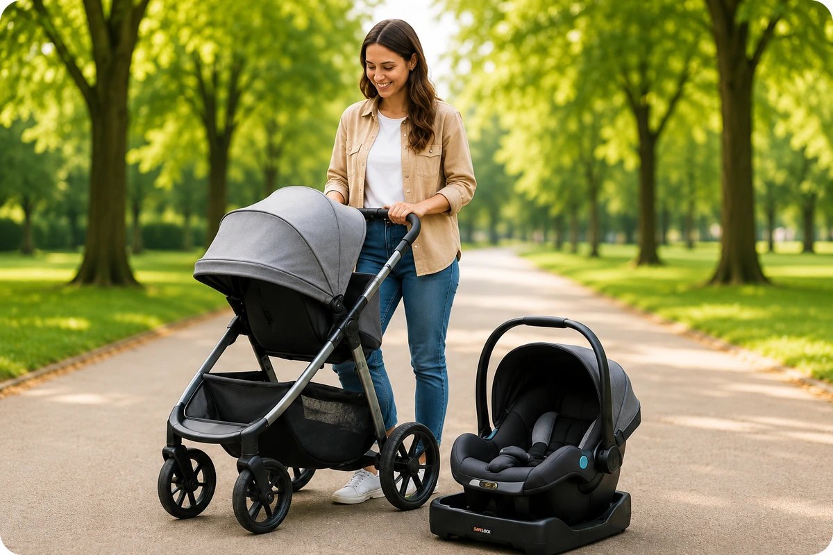 Parent folding baby stroller beside infant car seat